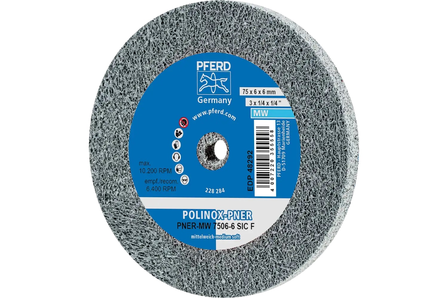 Picture of Pferd Polinox® Unitized Wheel, 3" X 1/4 X 1/4, Fine, Medium-Soft, 3Sf, Silicon Carbide
